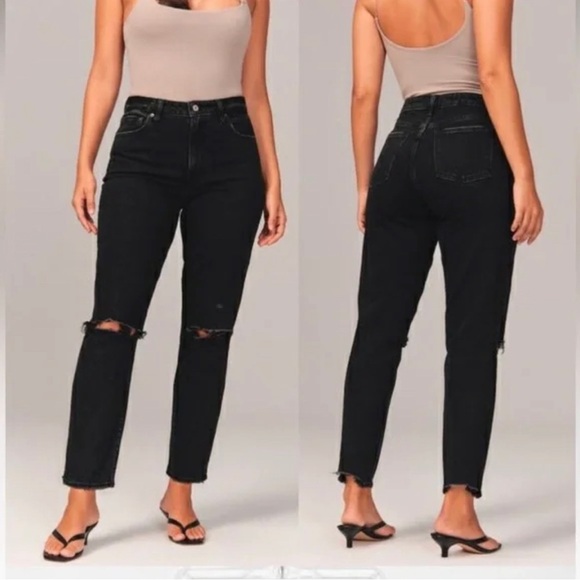 A&F Black Distressed Mom Jeans - Picture 1 of 6